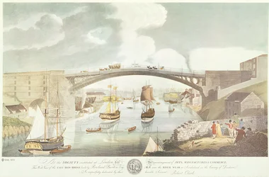Vue ouest du pont en fonte construit par Rowland Burdon Esq., MP, sur la rivière Wear à Sunderland, c.1796 (gravure en couleur)
